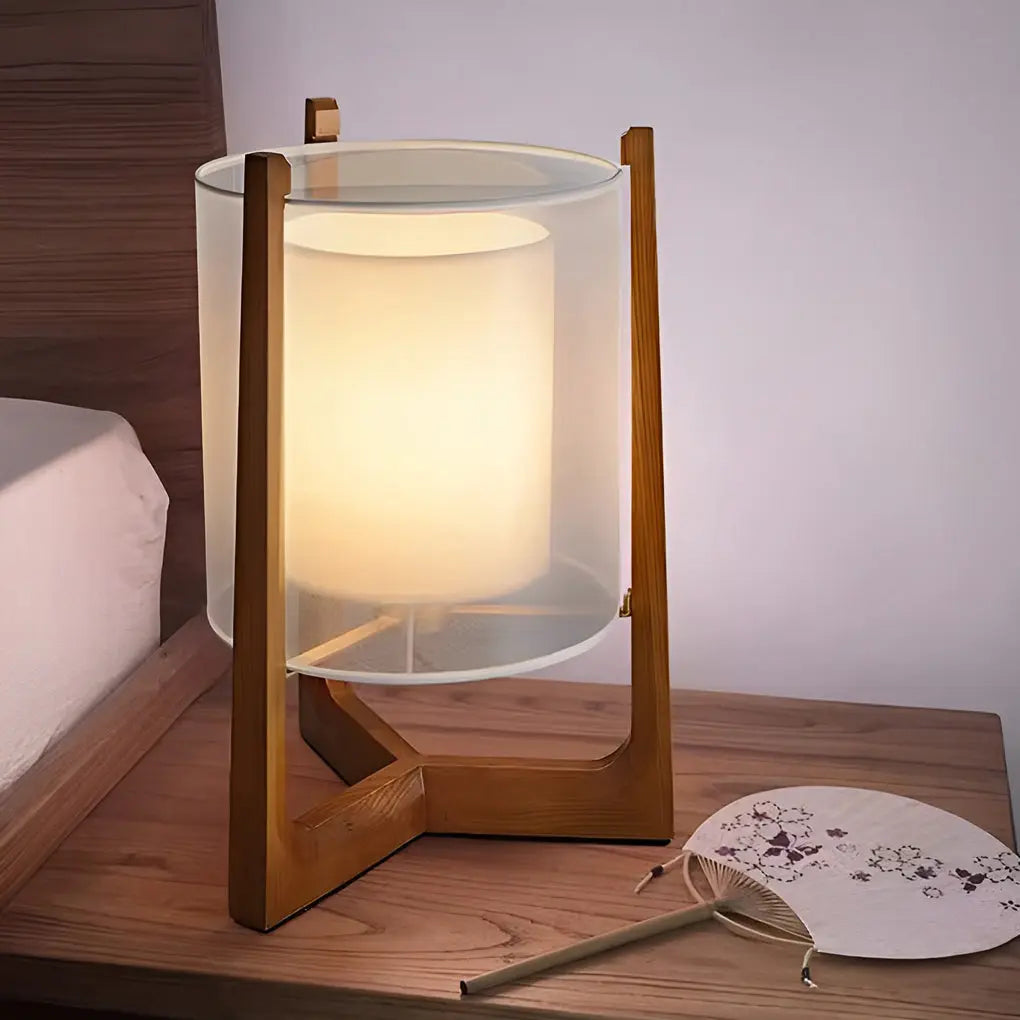Double-Shaded LED Floor Lamp in Rustic Japanese Style with Wood Stand Luxe