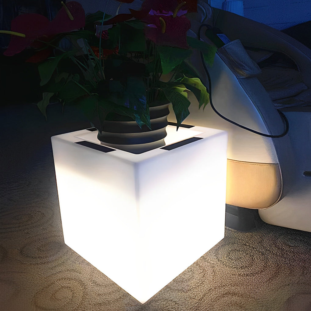 Square Solar Flower Pot Light — PE, LED Warm White 3000K, IP65 Weatherproof, 15.7" × 15.7"