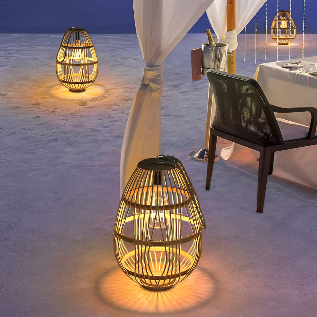 Rustic Modern Solar Portable Lantern — Wood and Rattan, LED, 3000K Warm White, IP65 Weatherproof, 7" × 11"