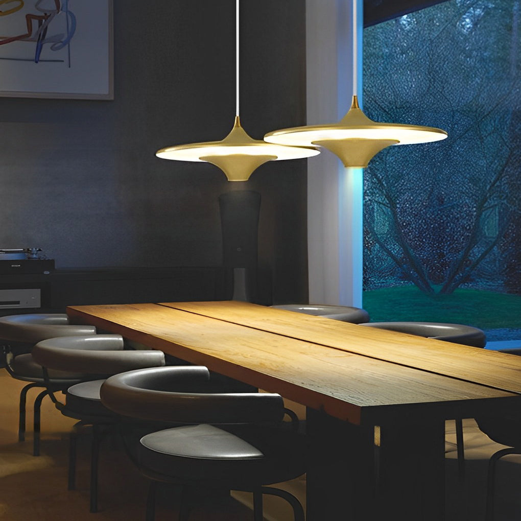 Round COB Pendant Light — Iron, 14" Diameter, Adjustable Hanging, 3000K Warm White, Black / White / Gold