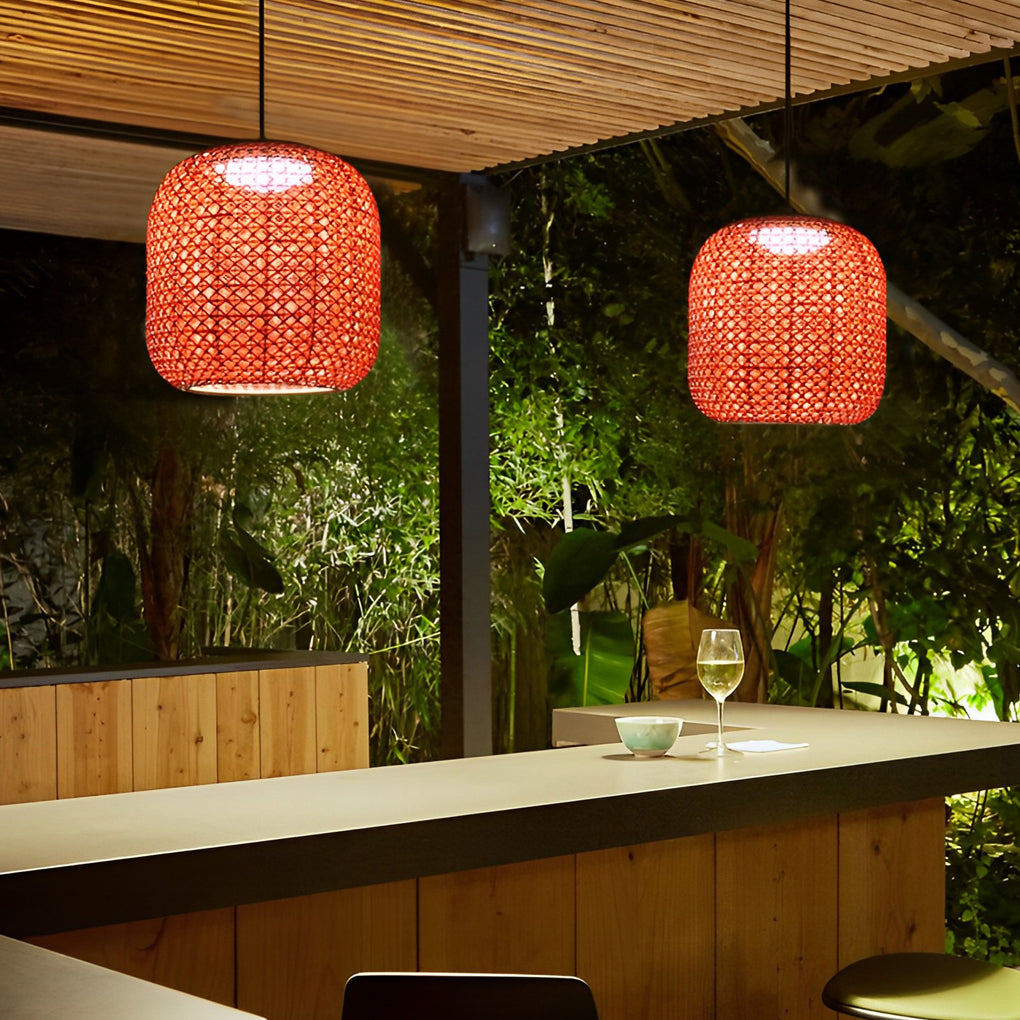 Rattan Lantern Outdoor Hanging Chandelier — Iron, Red, LED 10W 3000K, IP55 Waterproof, Hardwired