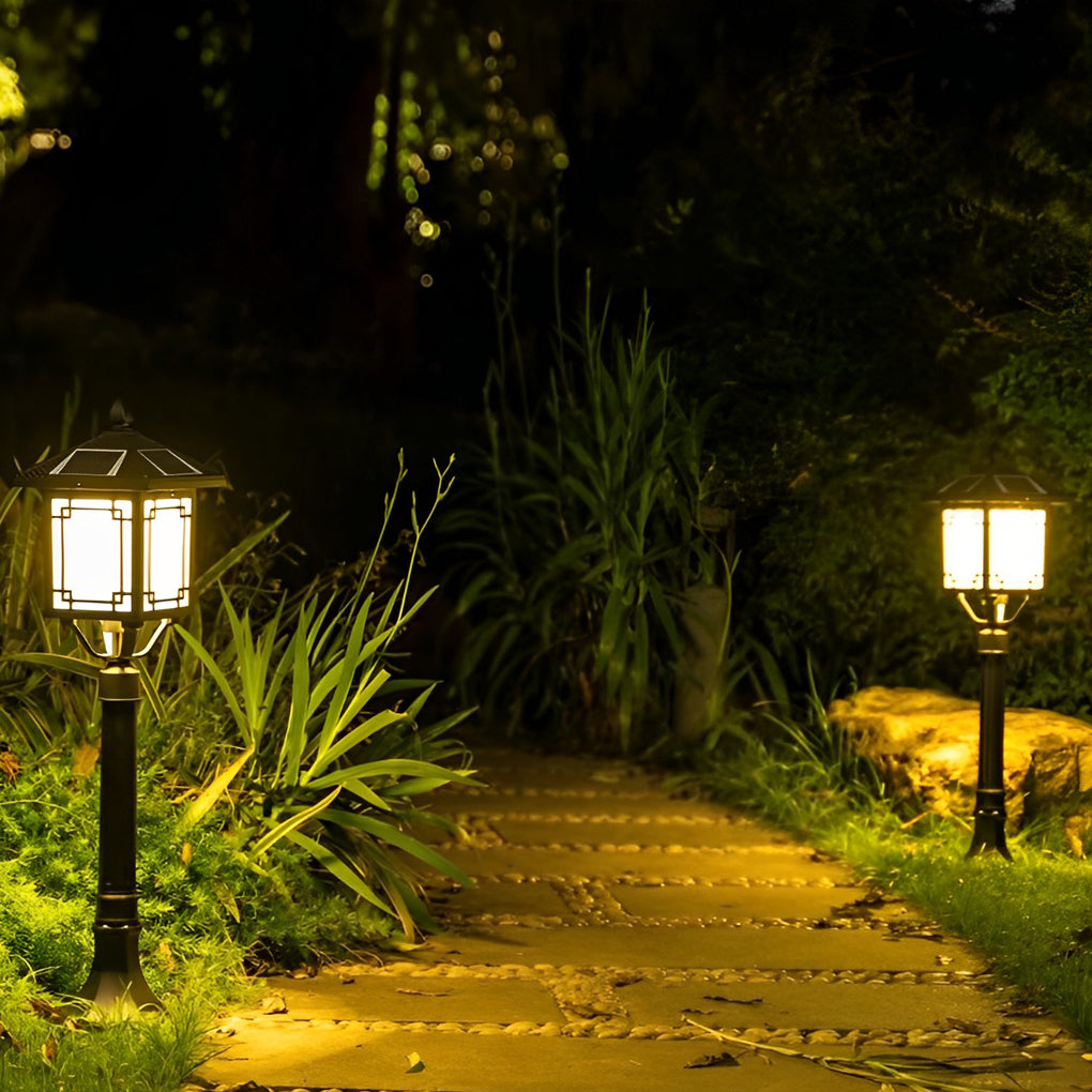 Ancient House-Style Solar LED Post Light — Aluminum and Glass, 7W, IP54, 3-Step Dimming, Remote Control