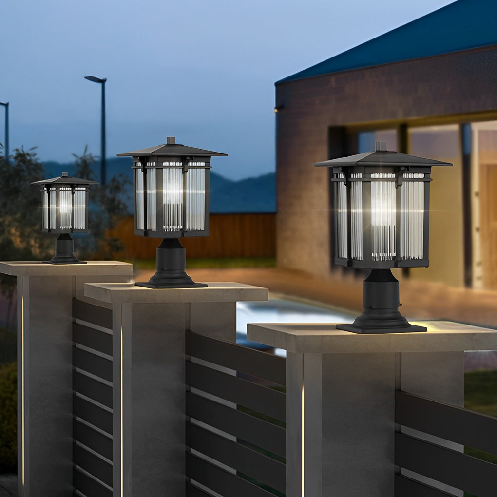 Modern Industrial Outdoor Post Light — Black Die-Cast Aluminum, Striped Glass Shade, E27 LED, IP23 Waterproof