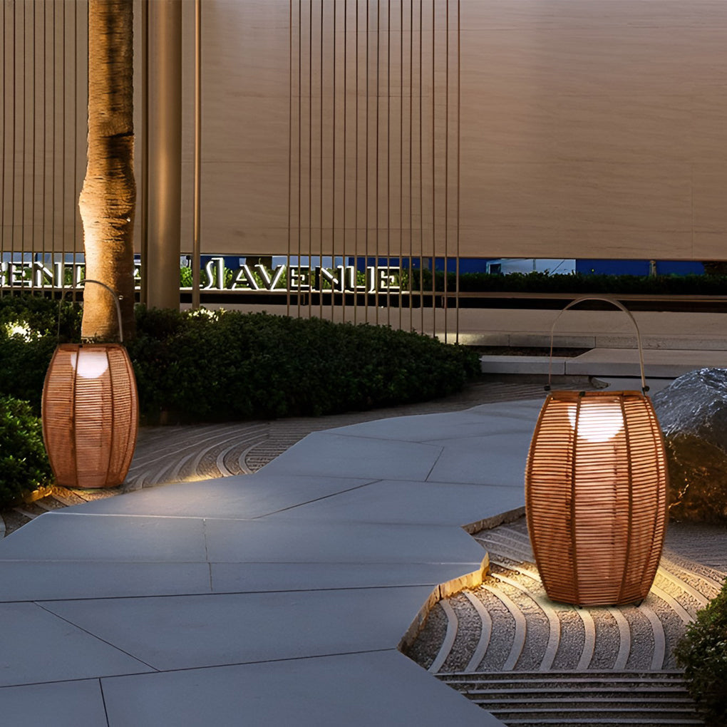 Rattan Lantern Portable Outdoor Floor Lamp — Solar LED, IP65 Weatherproof, 11" × 16", Motion Sensor