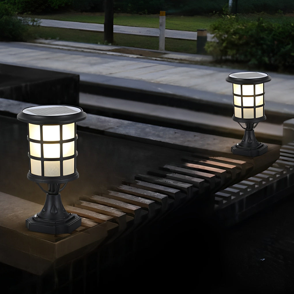 Modern Black Round Cage Solar / Hardwired Pillar Light — Die-Cast Aluminum & Glass, LED, IP65, 3-Step Dimming, Remote Control