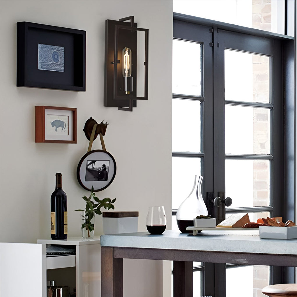 Industrial Rectangular Wall Sconce — Black Iron, E26, 5"W × 13"H
