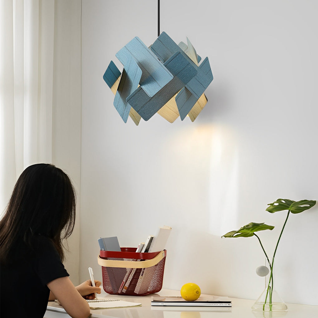 Modern Acrylic Pendant Light — 15.7" Diameter, Adjustable 59.1" Wire, White / Blue / Wood