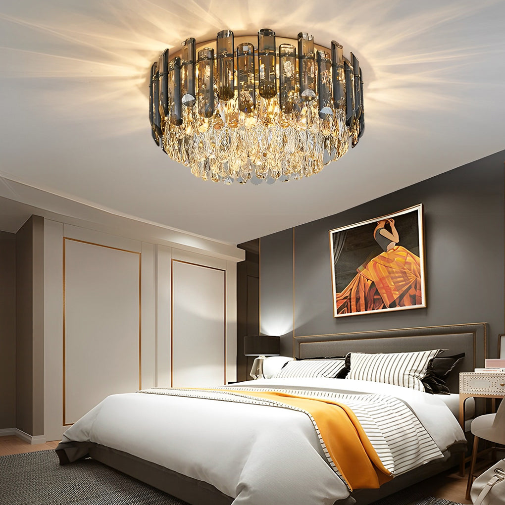 Round Crystal Flush-Mount Ceiling Light — Metal and Iron, Three-Step Dimming, 3000K/4500K/6000K, 20"–39" Sizes