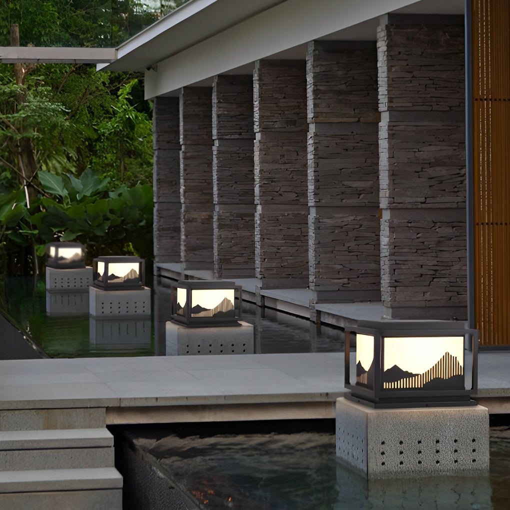 Square Solar Post Cap Light — Galvanized Steel & Acrylic, Mountain Scenery, LED E27, Hardwired / Solar, Warm White 3000K