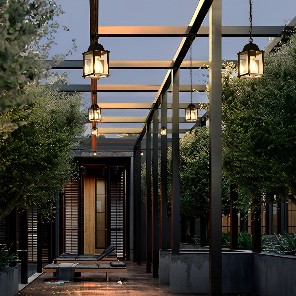 Modern Square Outdoor Pendant Light — Die-Cast Aluminum and Glass, Black, Waterproof, 4.3" × 8.3", 23.6" Adjustable Chain