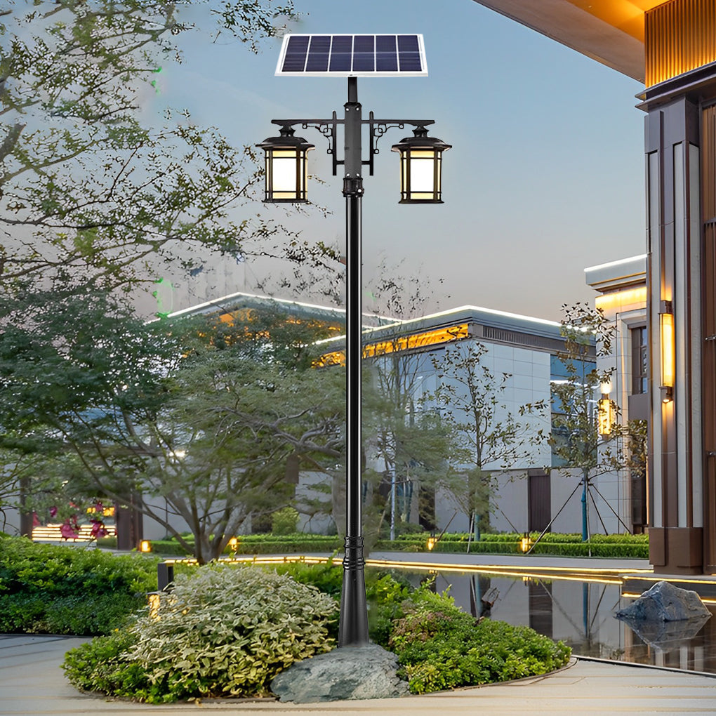Vintage Solar Outdoor Post Light — Black Aluminum and Glass, LED, 3-Step Dimming, Remote Control, Weatherproof