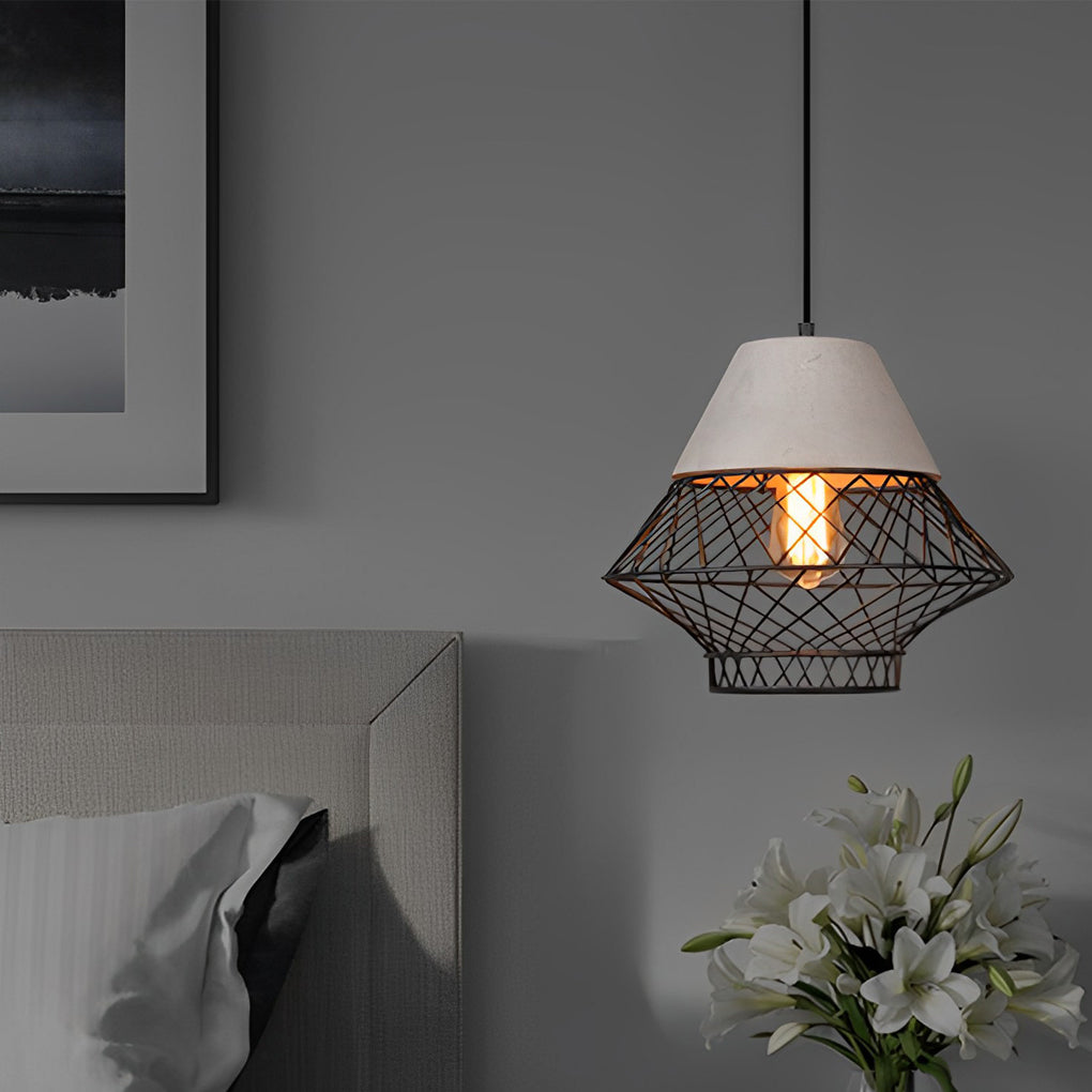Retro Industrial Pendant Light — Cement and Iron Cage, E27, 13" Diameter, Kitchen Island / Dining