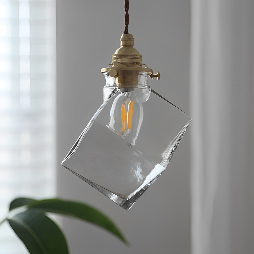 Square Transparent Glass Mini Pendant — Brass and Iron, E14, 4"W × 8"H, 59" Adjustable Wire