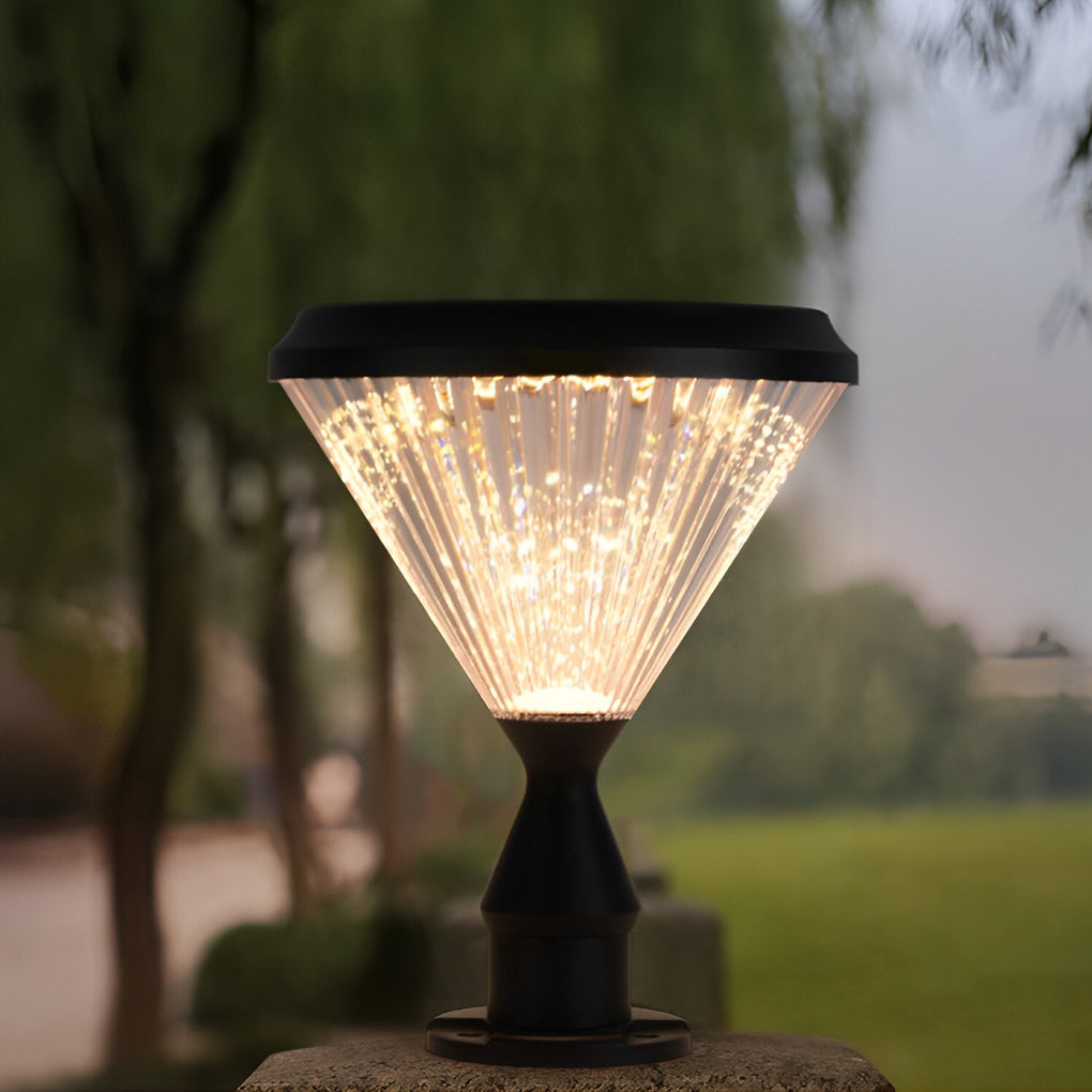 Round Ribbed Solar Pillar Light — Black Die-Cast Aluminum, LED 15W, 3000K, Light-Control