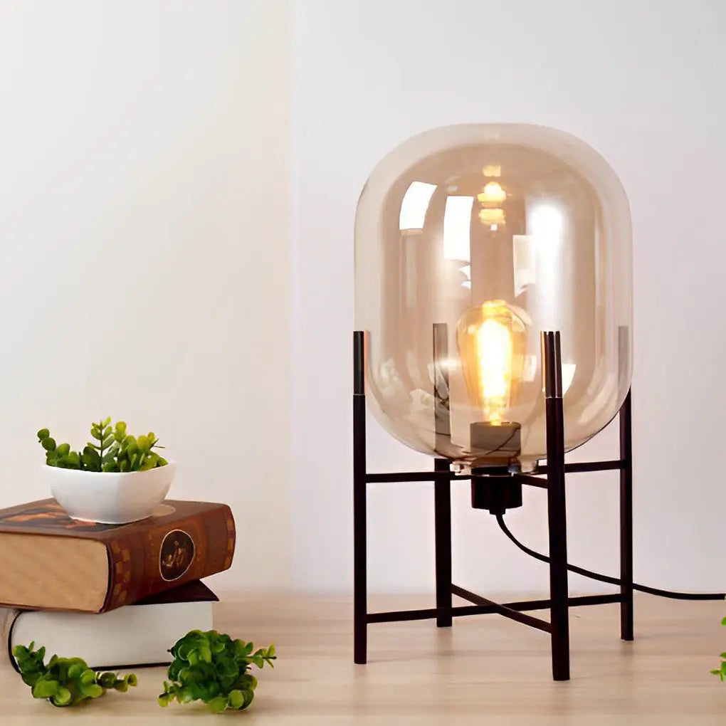 Industrial Floor Lamp with Standing Metal Base and Hand-Blown Glass Shade Luxe