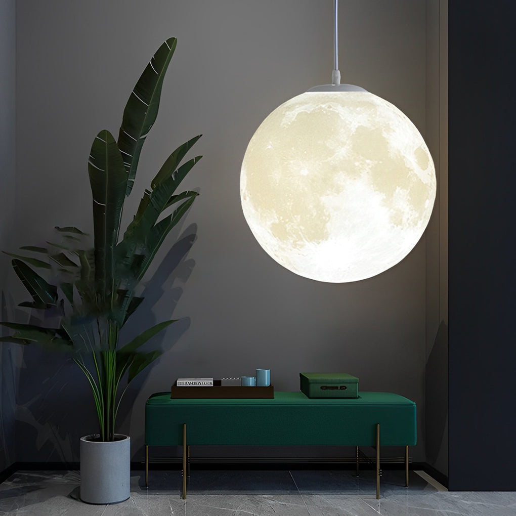 3D Moon Sphere Pendant — Iron, Lunar-Texture Lampshade, Adjustable Hanging Wire, 7.9"–15.7"