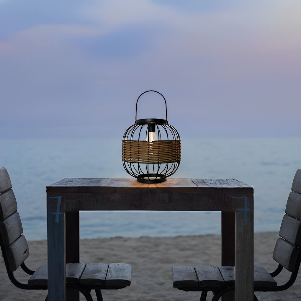 Rattan Cage Portable Outdoor Solar Lantern — Rustic Modern, IP55 Weatherproof, 9" Diameter