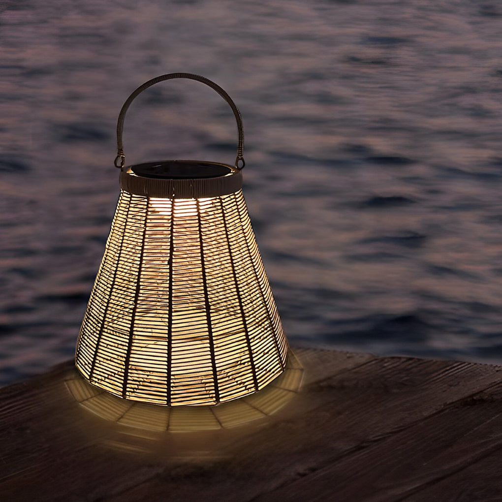 Retro Solar Outdoor Lantern — Iron and Rattan, LED, IP65 Weatherproof, 13" × 14"