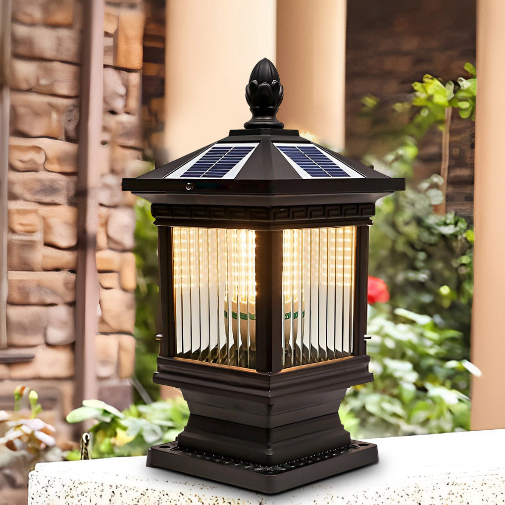 Retro Grille Outdoor Solar Fence Post Light — Die-Cast Aluminum & Glass, IP55, E27, Two Sizes