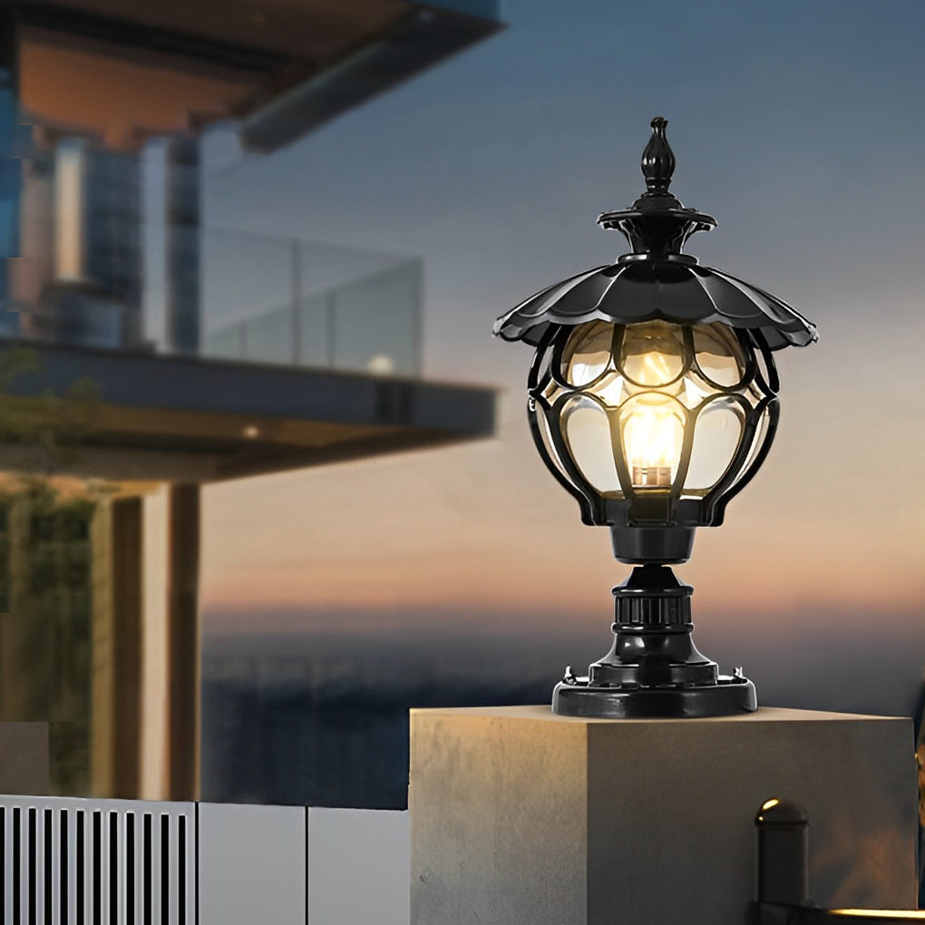 Flower Ball Outdoor Pillar Light — Die-Cast Aluminum, Cognac Glass, E27, 9" × 17", Black / Bronze