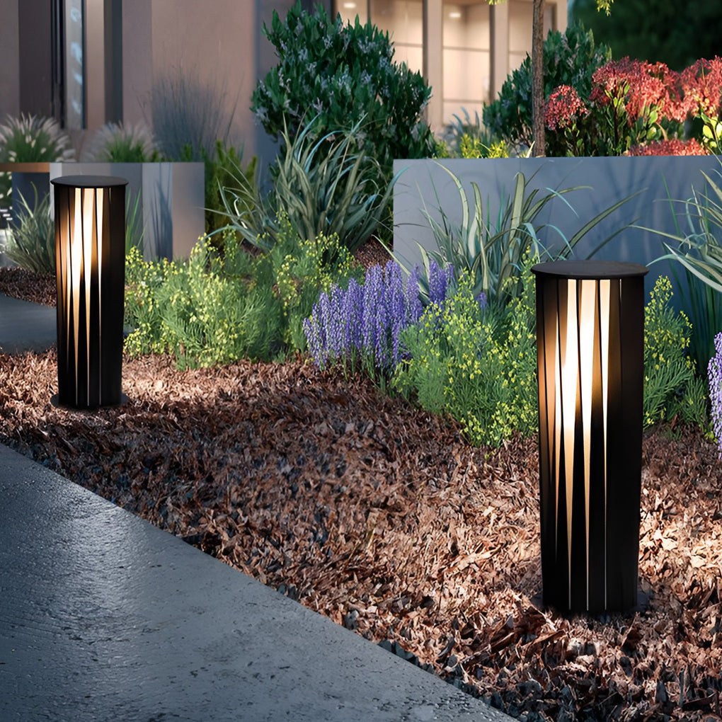Geometric Cage Solar LED Bollard Path Light — Die-Cast Aluminum, Black, IP65, 3000K, Available in 15.7", 23.6", or 31.5"