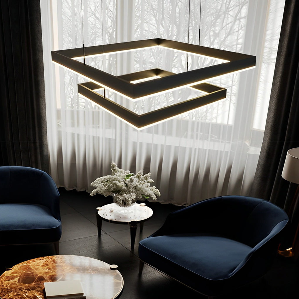 Modern Square LED Chandelier — Black Aluminum, 3-Layer Stepless Dimming, Remote Control