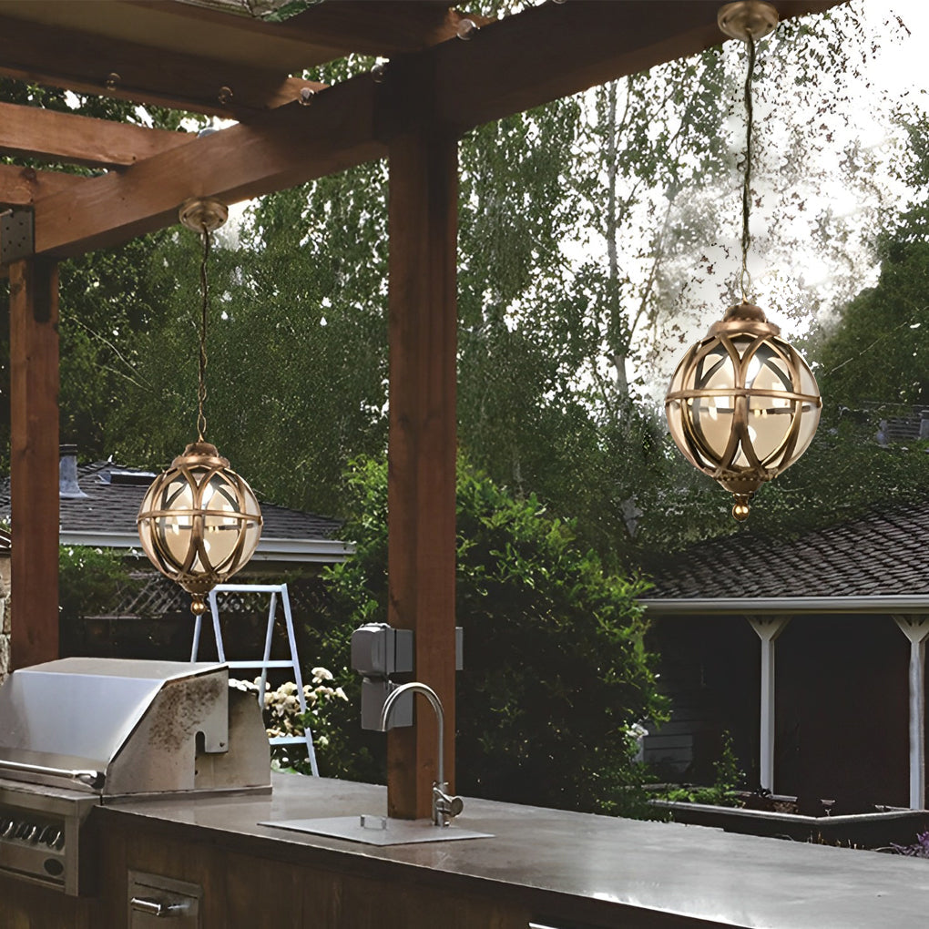Metal Orb Outdoor Hanging Light — Aluminum and Glass Globe, IP54, Adjustable Chain, Black or Bronze
