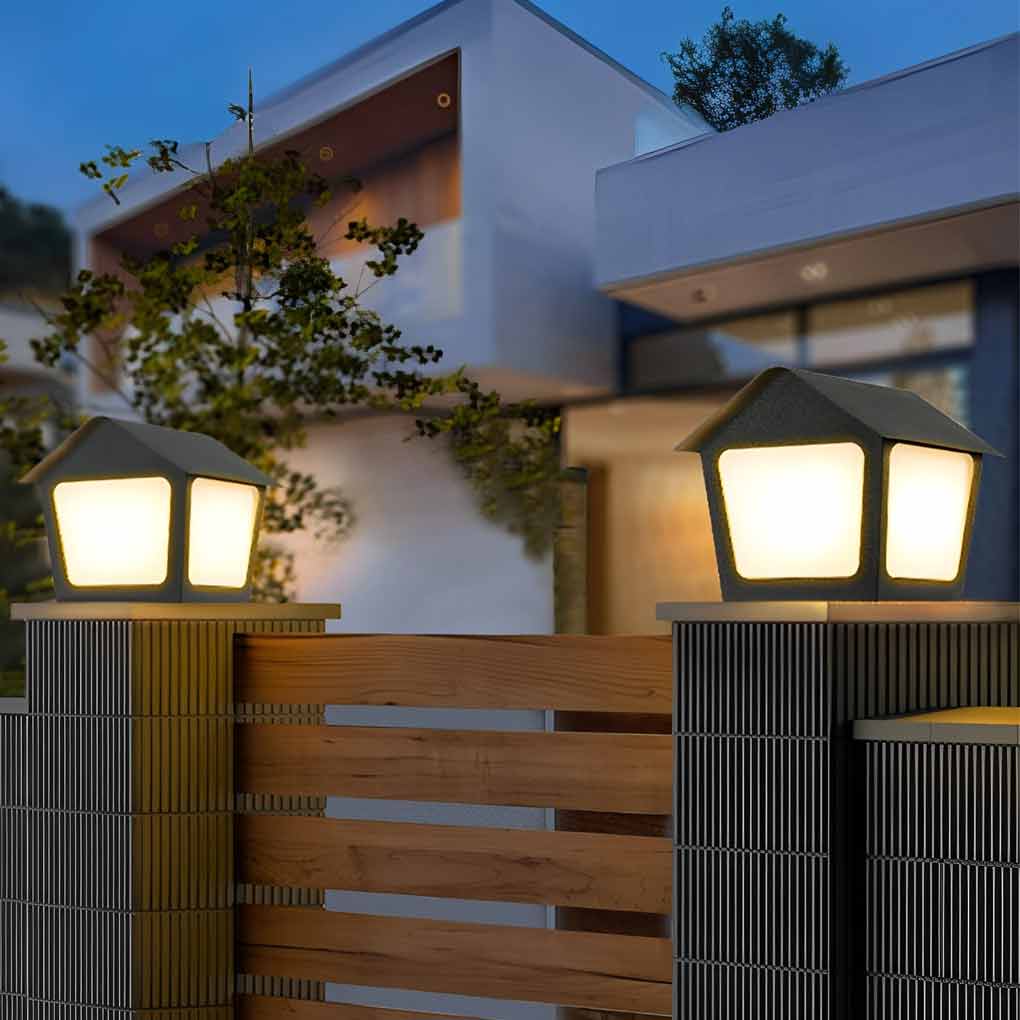 Cottage-Shaped Outdoor Pillar Light — Stainless Steel & Acrylic, Solar / Hardwired, LED, IP54, Warm White 3000K