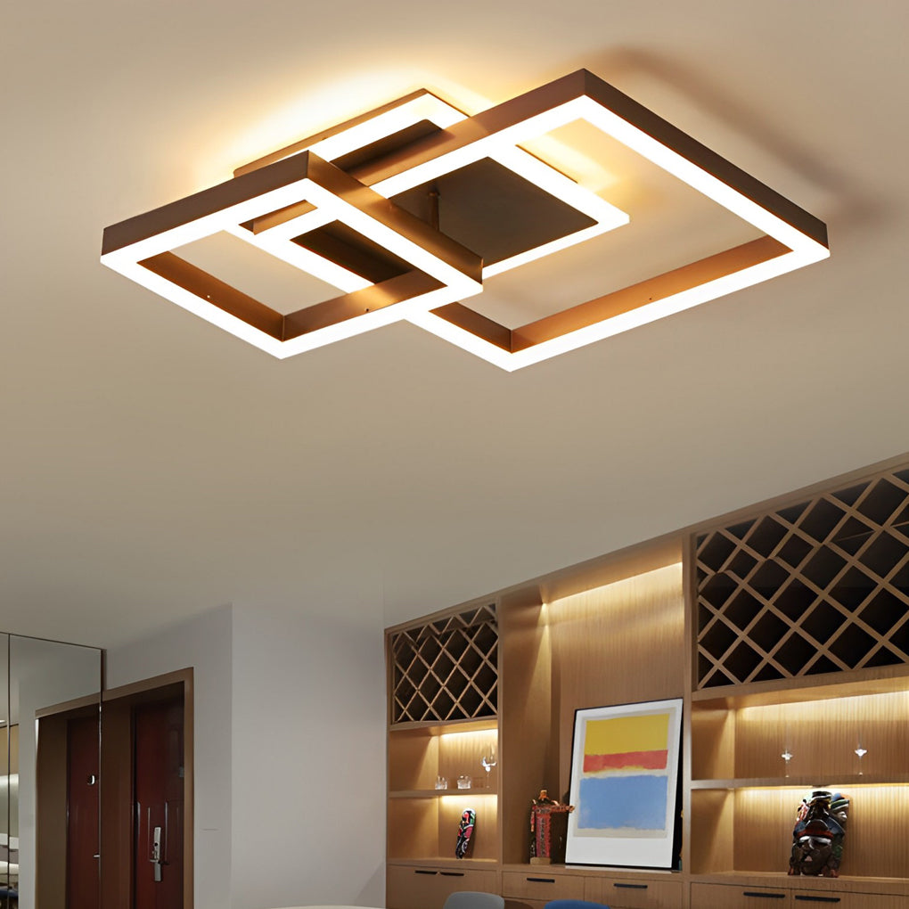 Modern Square Overlapping LED Semi-Flush Mount — Brown Aluminum & Acrylic, 64W / 80W, 3000K / 6000K