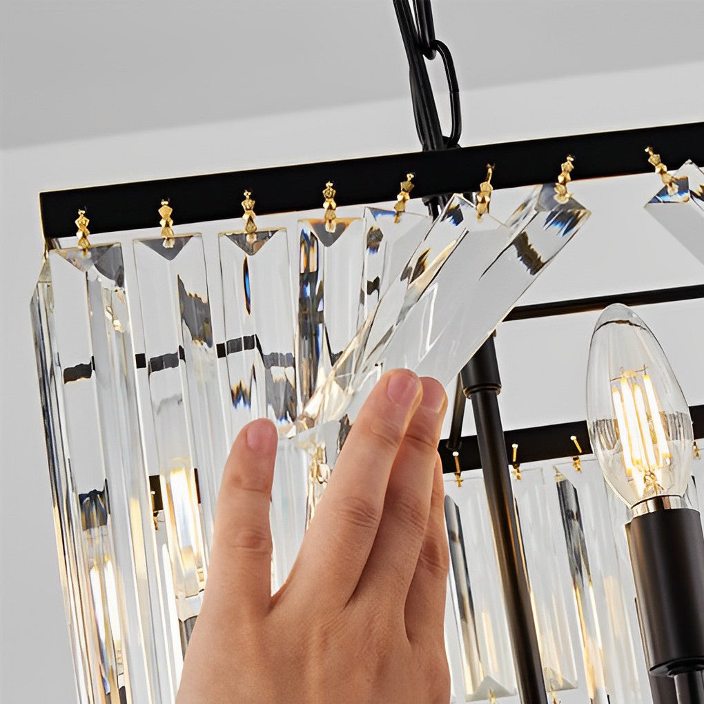 Crystal Strip Chandelier — Black Iron, 4-Light, LED 3000K, Three-Step Dimming, 11.8" × 15.7"