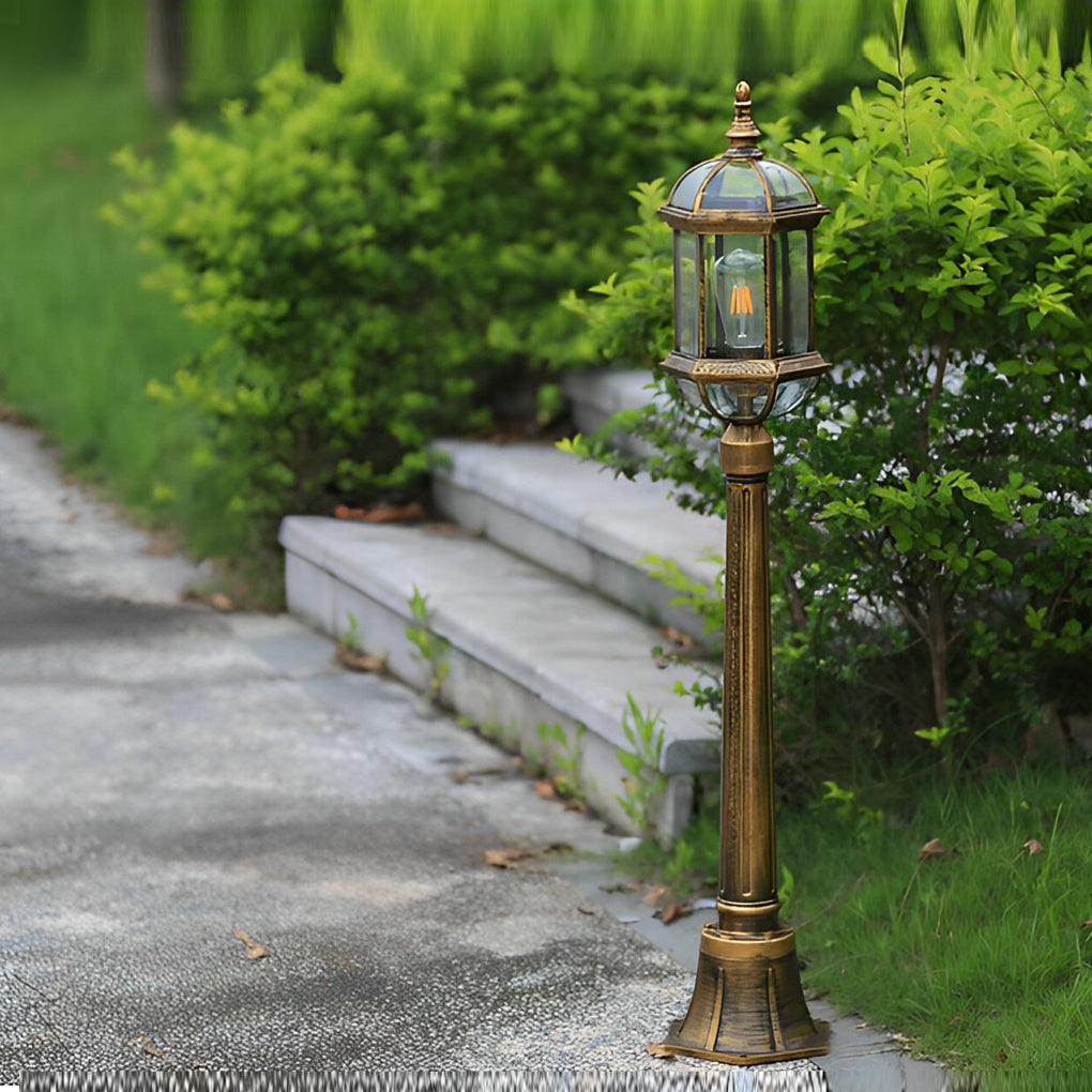 Vintage Golden Outdoor Post Light — Die-Cast Aluminum and Glass, E27, 46" H, Waterproof Rustproof