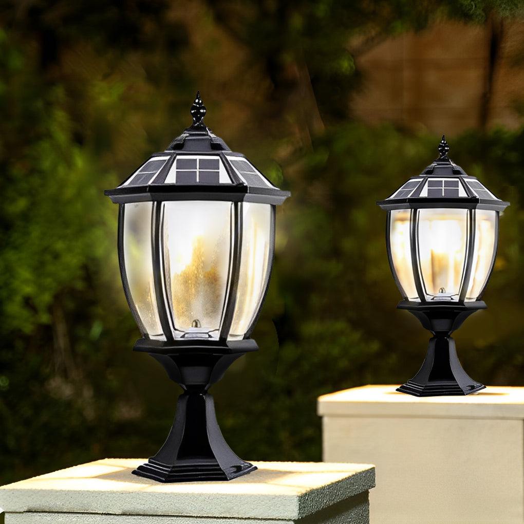 Vintage Black Solar Outdoor Post Light — Die-Cast Aluminum & Glass, LED 3000K, Remote Control, 7W Panel, IP Weatherproof