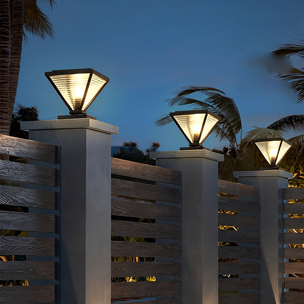 Geometric Solar Fence Post Light — Stainless Steel and Glass, Black, LED 3000K, IP-Rated Weatherproof