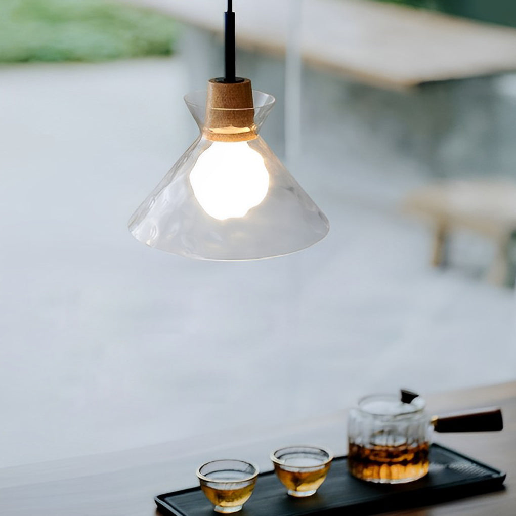 Round Glass and Wood Mini Pendant — Modern Minimalist, 3000K Warm White, Adjustable 59" Cord