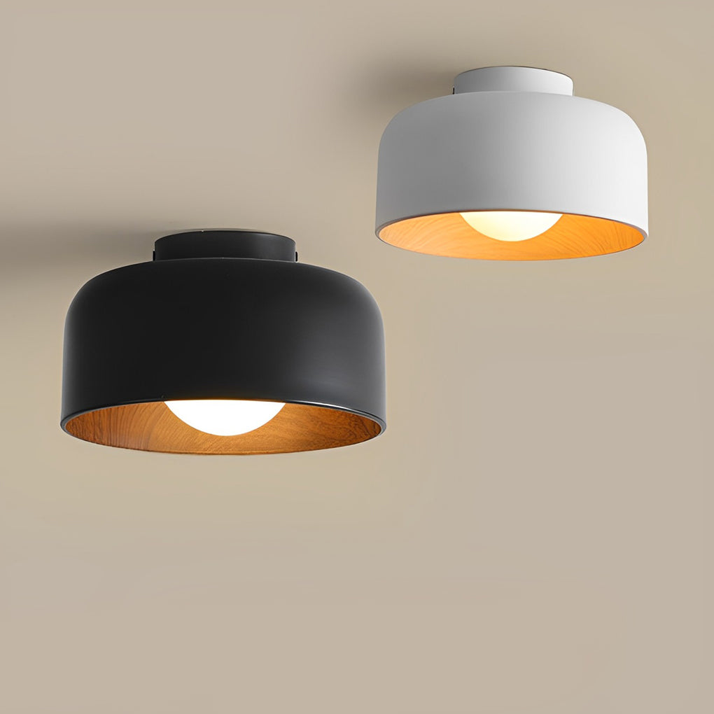 Bowl-Shaped LED Flush-Mount Ceiling Light — Iron and Glass, Imitation Wood Texture, 13.8", 3000K Warm White