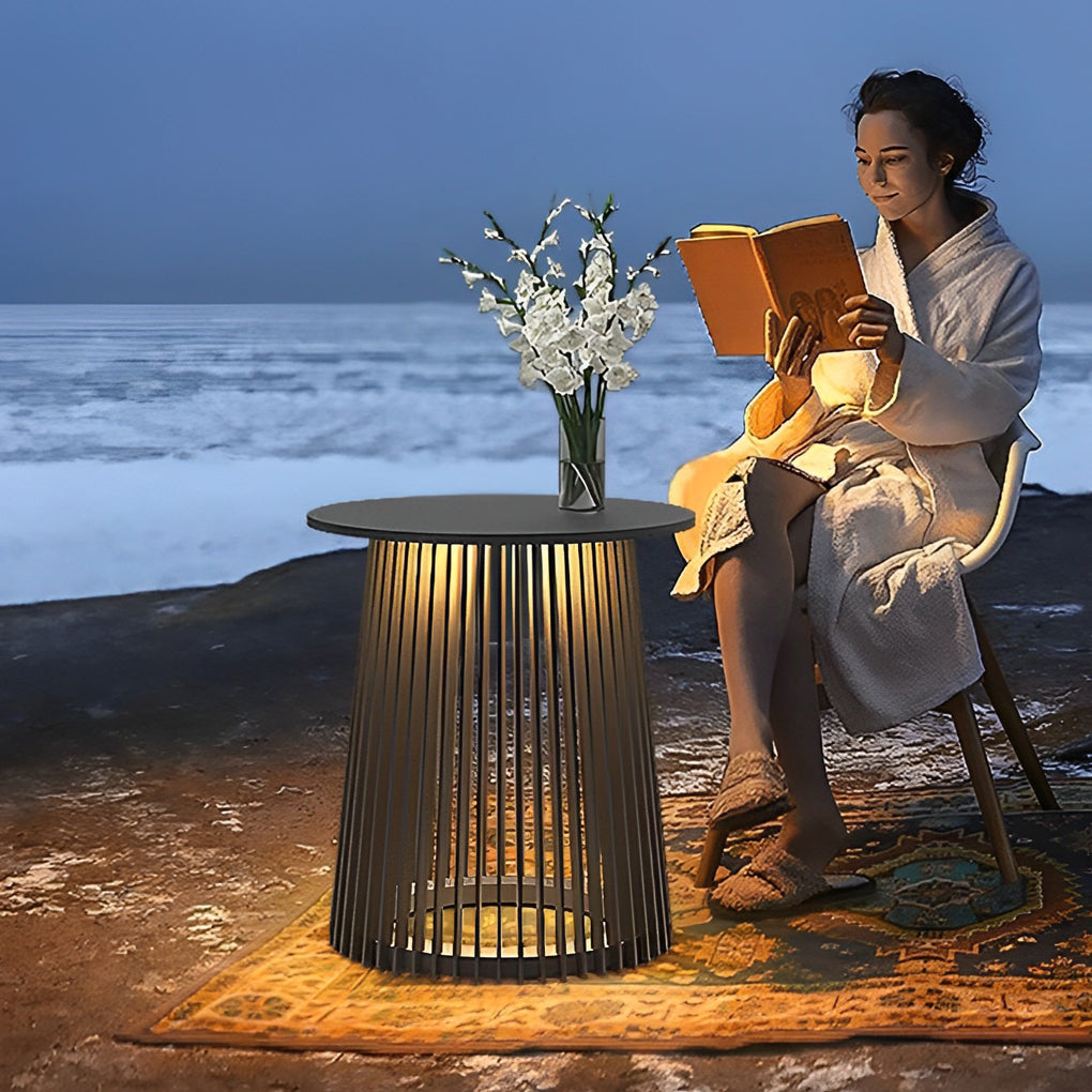Round Iron Cage Outdoor Solar Lantern Table — Retro Modern, RGB 16-Color + Warm White LED, IP65, 20" Diameter