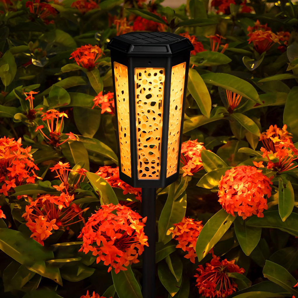 RGB Hexagonal Hollow Solar Stake Light — ABS + PC, LED, Dual-Mode Warm White / RGB, IP65 Weatherproof