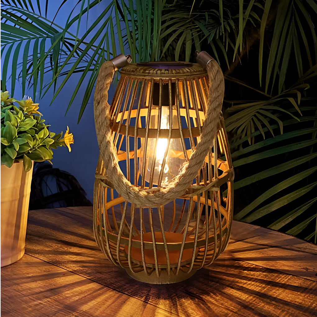 Retro Rattan Solar Outdoor Lantern — Bamboo, Wood & Hemp Rope, LED Warm White, IP44, Portable Hanging