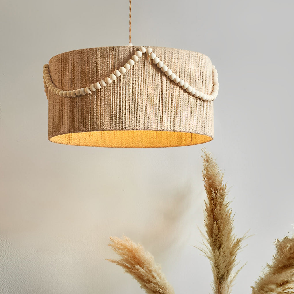 Bohemian Pendant Chandelier — Hemp Rope, Wood Beads and Tassels, E27, 16" or 20" Diameter