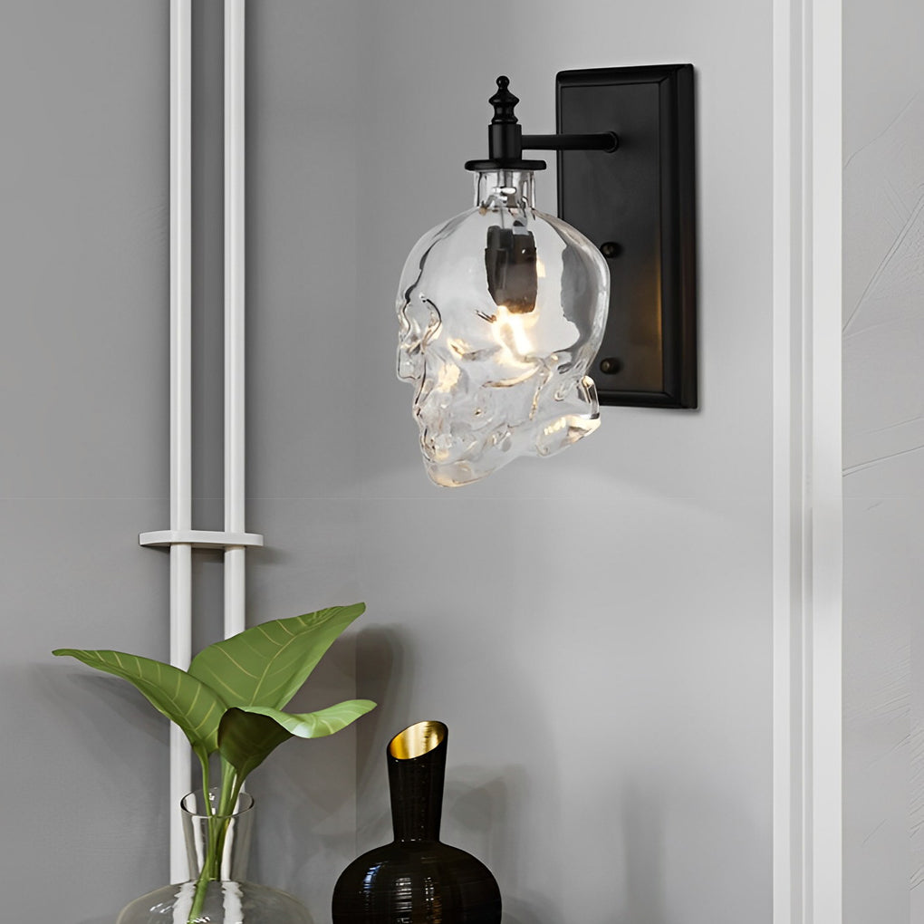 Industrial Skull Wall Sconce — Black Iron and Glass, E14, Warm White 2700–3200K