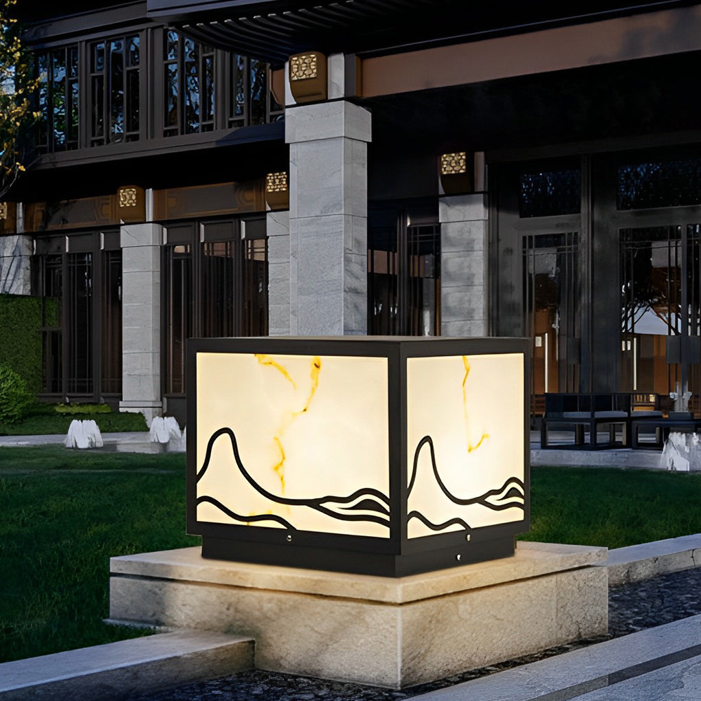 Mountain Scenery Solar Post Cap Light — Stainless Steel and Imitation Marble, LED, IP65, Warm White 3000K, Remote Control