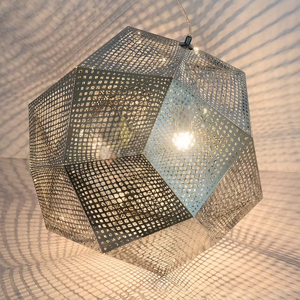 Postmodern Geometric Round Pendant Chandelier — Electroplated Stainless Steel, Hollow Pattern, Silver / Gold / Rose Gold