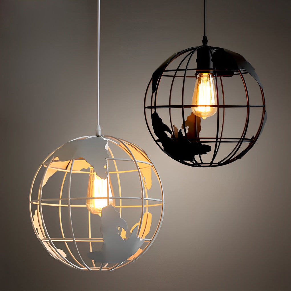 Industrial Globe Pendant — Black or White Iron, 12" Diameter, E27, Max 60W