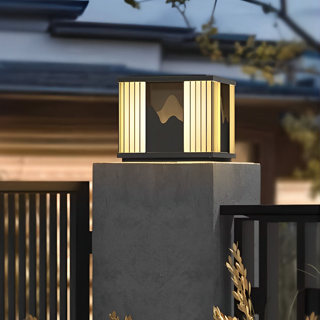 Modern Black Solar / Hardwired Post Cap Light — Stainless Steel, LED Mountain Scenery, IP65, 3000K Warm White