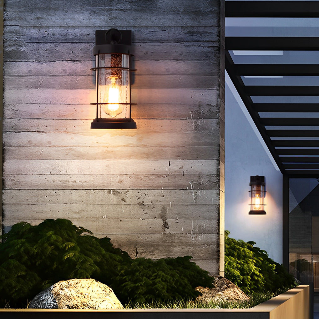 Rustic Lantern Outdoor Wall Sconce — Black Iron and Glass, E27, Waterproof, 5" × 12"