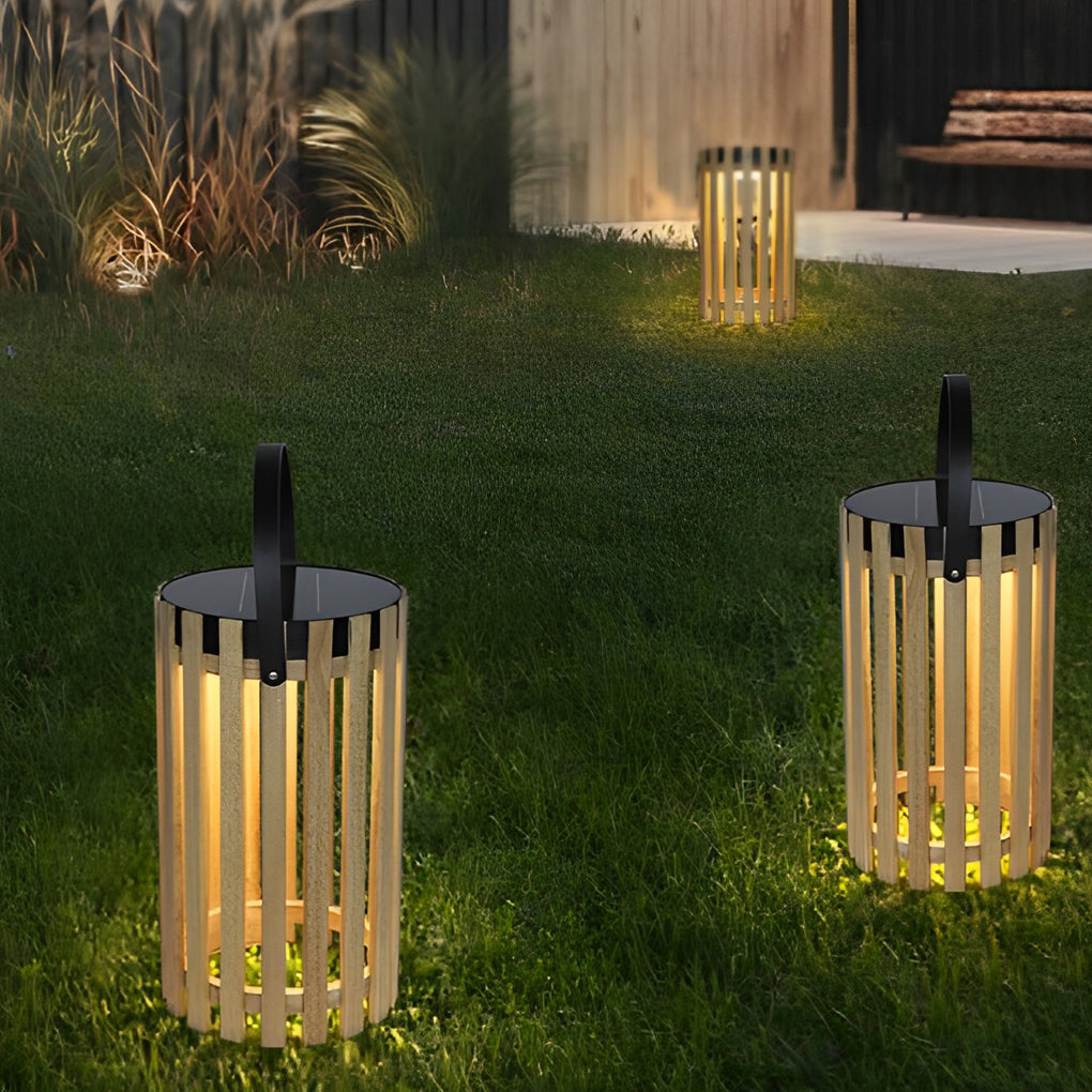 Rustic Modern Solar Portable Lantern — Wood and Aluminum, LED Warm White (3000K), Waterproof, 8" × 12"