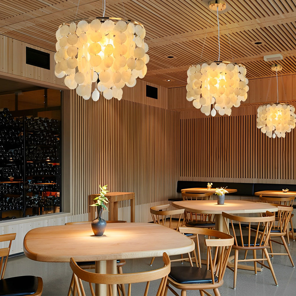 Modern Chandelier with Round Shell Pieces — Electroplated Iron, Gold, E27, 24" or 31" Diameter