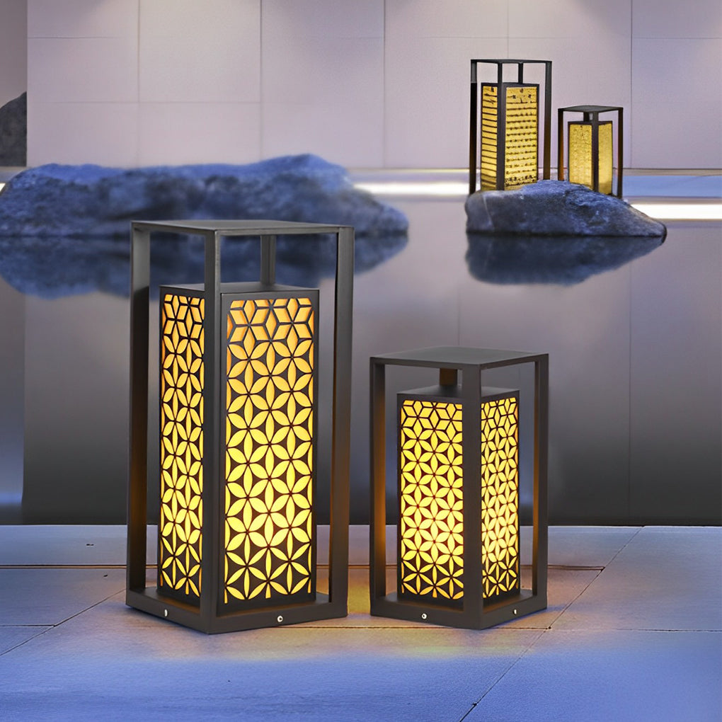 Floral Pattern Modern Bollard Path Light — Black Galvanized Steel, 10W LED, 3000K Warm White