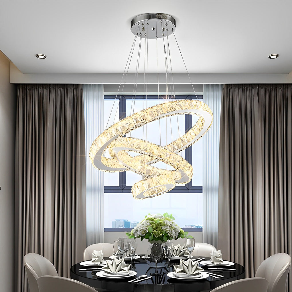 3-Tier Geometric Ring Crystal Chandelier — Chrome, LED, Dimmable, Remote Control, 11.8"+19.7"+27.6" Stacked Tiers
