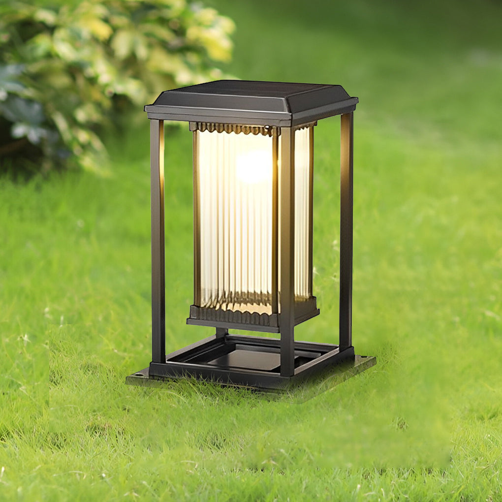 Square Solar Bollard Path Light — Black Die-Cast Aluminum, Ribbed Glass, 3000K LED, Auto Dusk-to-Dawn
